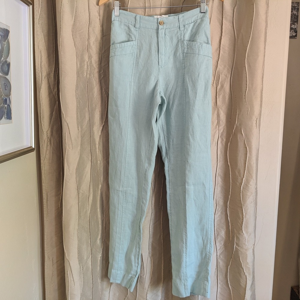 Nicole Miller Washable Linen Pants S Straight Leg‎ Seafoam Green Coastal Resort